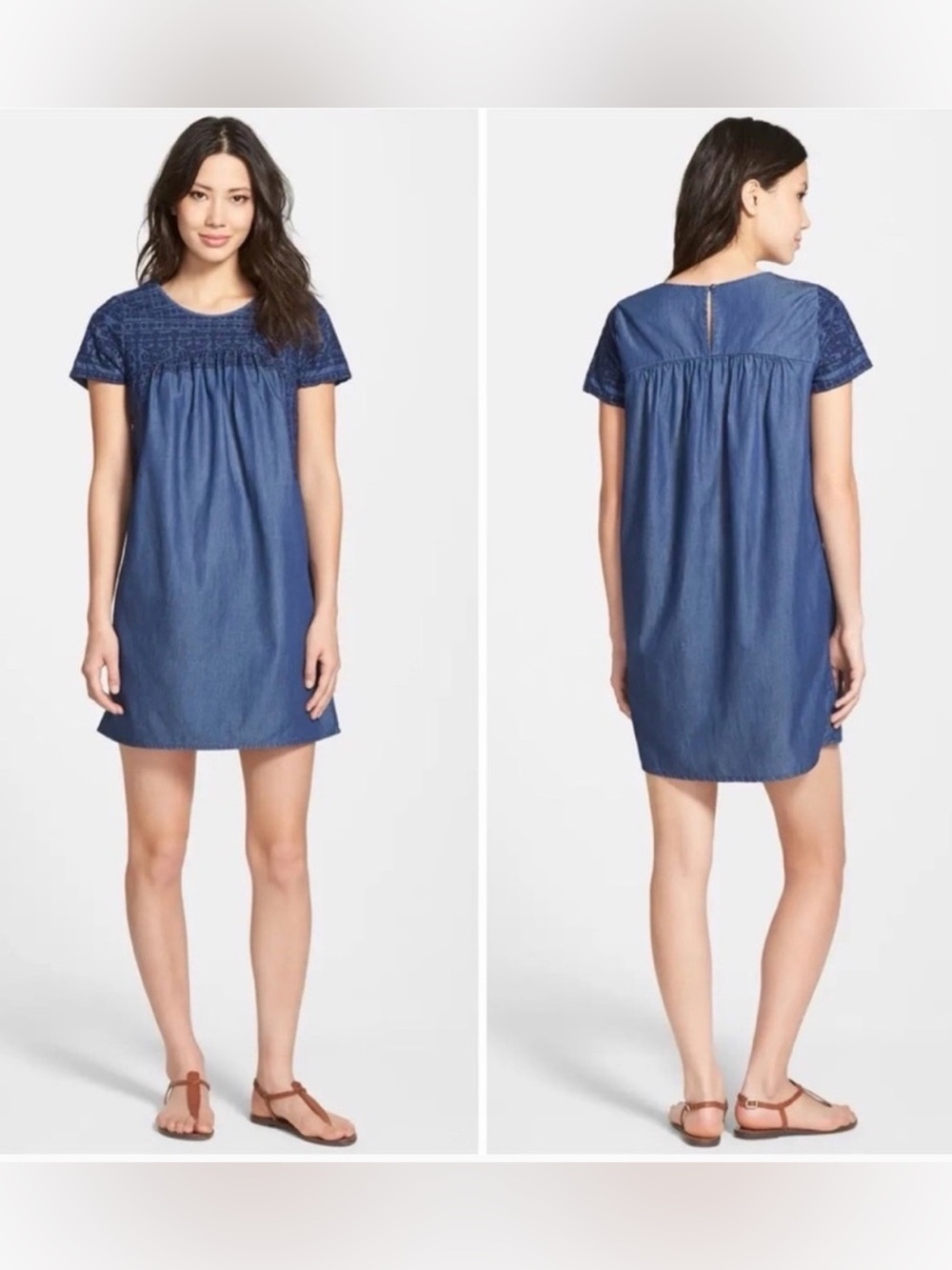 Lucky Brand Women's Blue Short Sleeve Embroidered Chambray Mini Dress Medium NWT